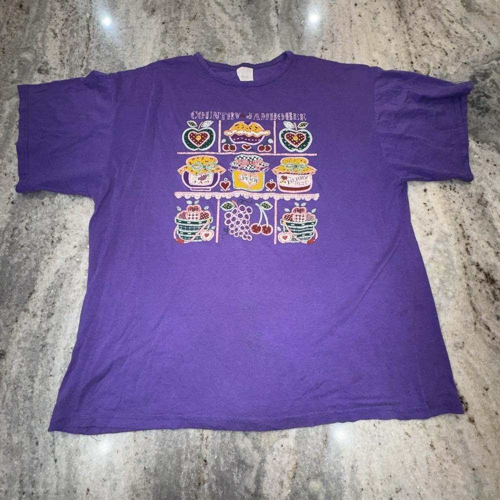 VTG T Shirt Jamboree Stitch Embroidered Pies USA Purple Granny Core Country 2XL